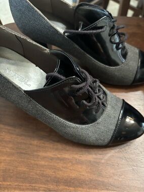 Xappeal Women's Gray Tweed Heels with Black Patent Cap Toe